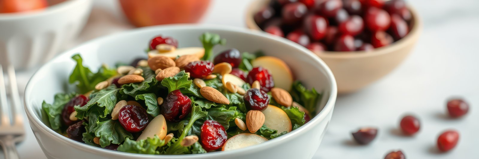 Fresh and healthy salad prepared with greens, nuts, and cranberries in a cozy kitchen setting
